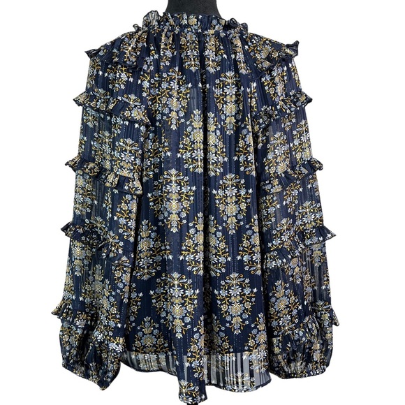 Express Women’s Blue Silver Multi Color Semi-Sheer Floral‎  Blouse Size Small - Picture 6 of 13